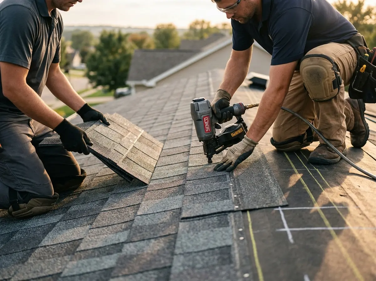 Professional roofer working on a residential roof in Shamong
